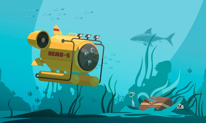 Bathyscaphe diving cabin approaches treasure chest on bottom surrounded by fish and seaweeds underwater background  vector illustration