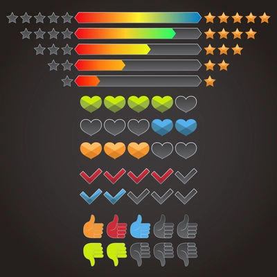 Colorful rating evaluation icons set of stars check marks hearts isolated vector illustration