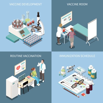 Vaccination 2x2 design concept set of vaccine development vaccine  room routine vaccination and  immunization schedule square icons isometric vector illustration