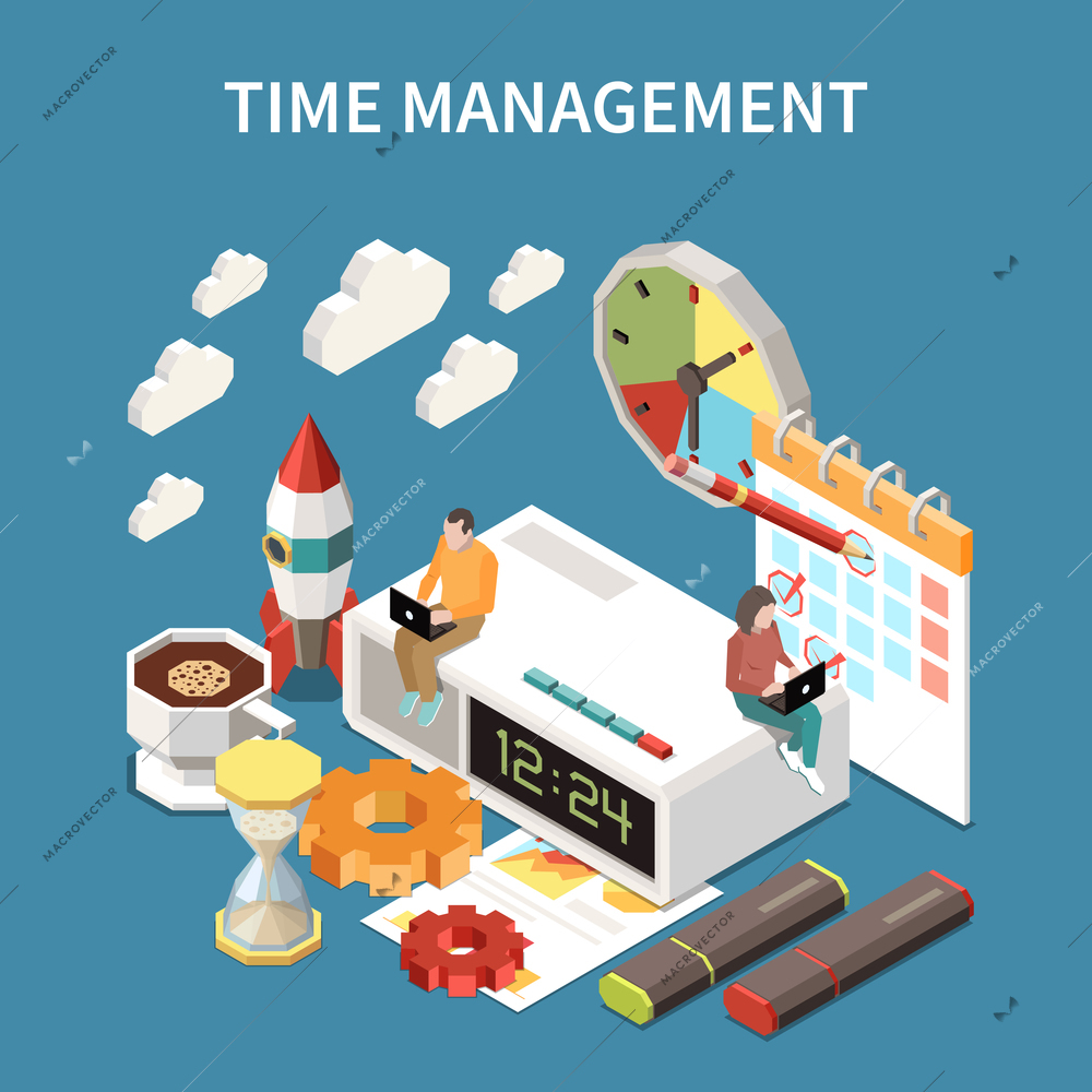 Time management concept with deadline at work symbols isometric vector illustration