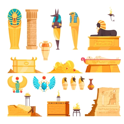 Egyptian ancient tombs elements burial chambers goods mummies etched walls gold amulets flat set isolated vector illustration