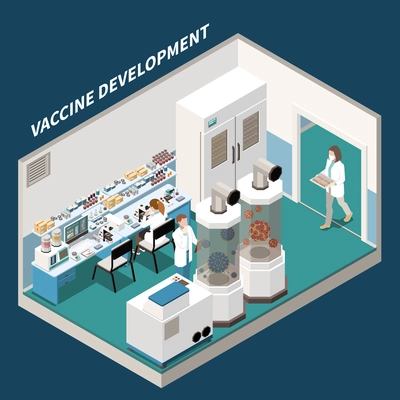 Vaccine development isometric background with scientists  engaged in scientific research and experiments in laboratory of experimental medicine vector illustration