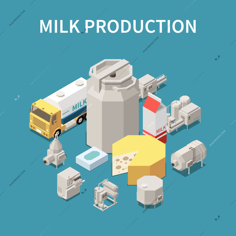 Dairy production concept with milk packaging and transportation symbols isometric vector illustration