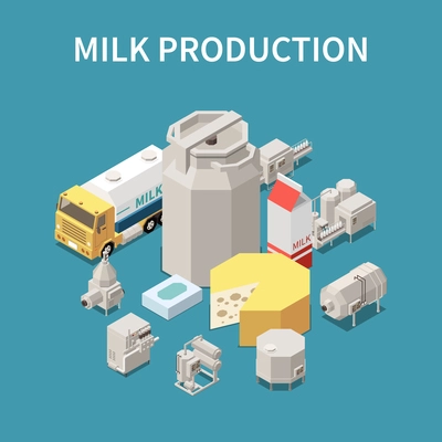 Dairy production concept with milk packaging and transportation symbols isometric vector illustration