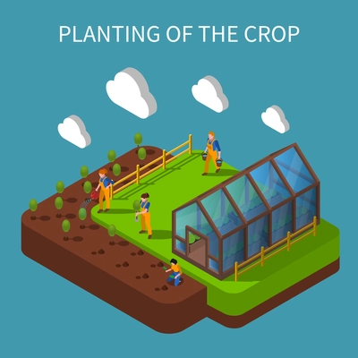 Planting of crops isometric composition with group of farmers transplanting seedlings from greenhouse to beds vector Illustration