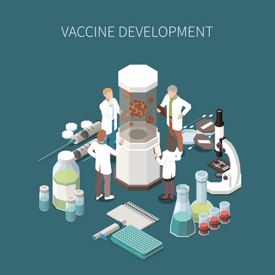 Vaccine development design concept with laboratory equipment for scientific experiments microscope ampoules with vaccine medical syringes isometric icons vector illustration