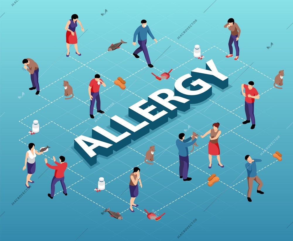 Isometric flowchart with various allergens and people suffering from allergy on blue background 3d vector illustration