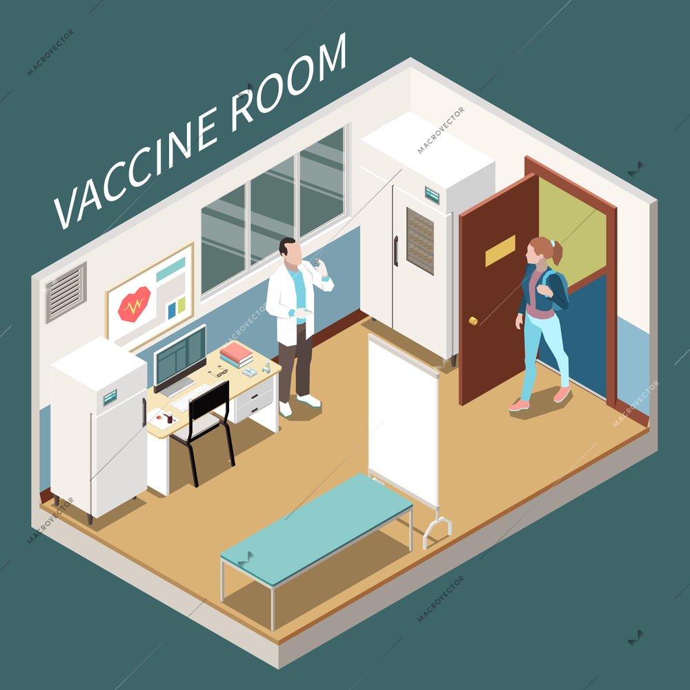 Vaccine room interior isometric composition with young woman who came to doctor for vaccination vector illustration