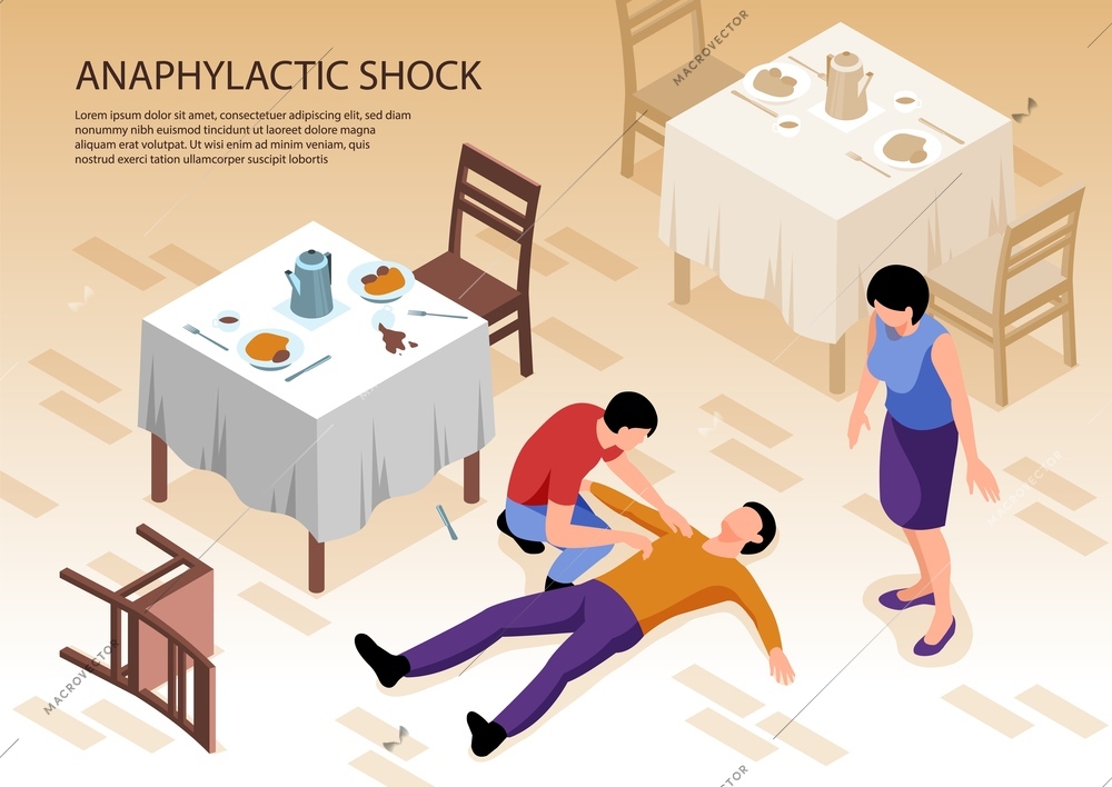 Two people caring of man with allergy and anaphylactic shock lying on floor in restaurant 3d isometric vector illustration