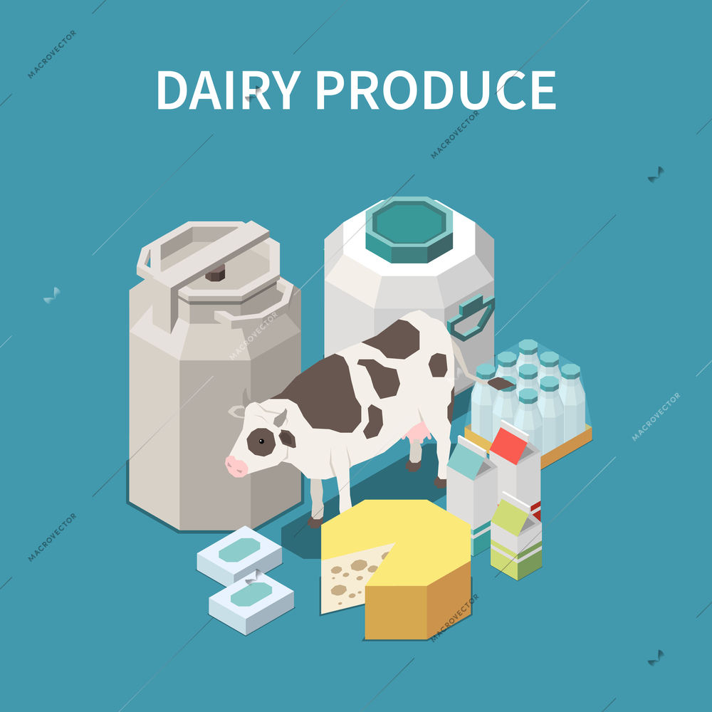 Dairy produce concept with cheese and milk symbols isometric vector illustration