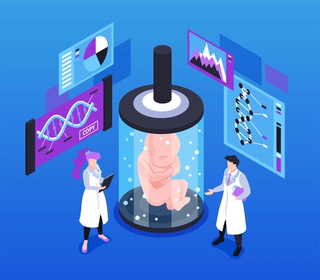 Human cloning isometric background with scientists embryo in medical glass capsule and illustrative materials for studying human dna structure vector illustration