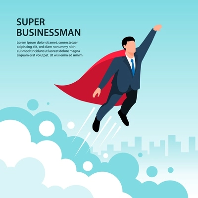 Isometric winner super businessman wearing red cape 3d isometric vector illustration