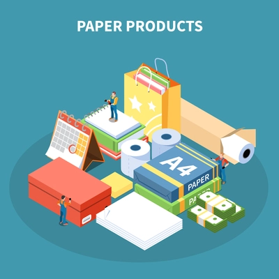 Paper products isometric design concept with  package box school supplies toilet paper rolls monetary denomination vector Illustration