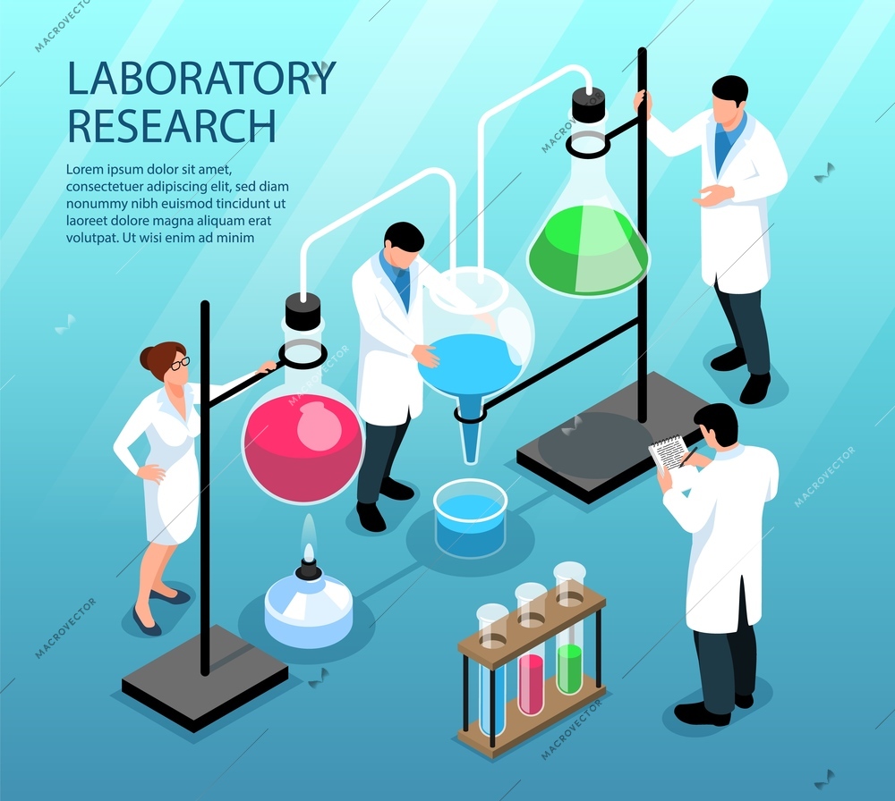 Scientists doing research working with colorful liquid in flasks and tubes 3d isometric vector illustration