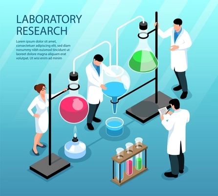 Scientists doing research working with colorful liquid in flasks and tubes 3d isometric vector illustration