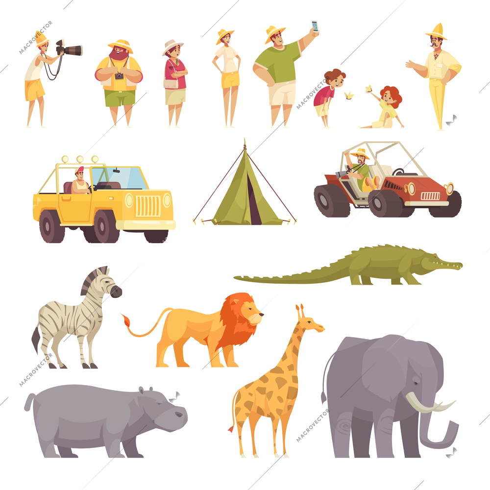 Safari travel funny flat icons collection with tourists jeep vehicle tent wild african animals isolated vector illustration