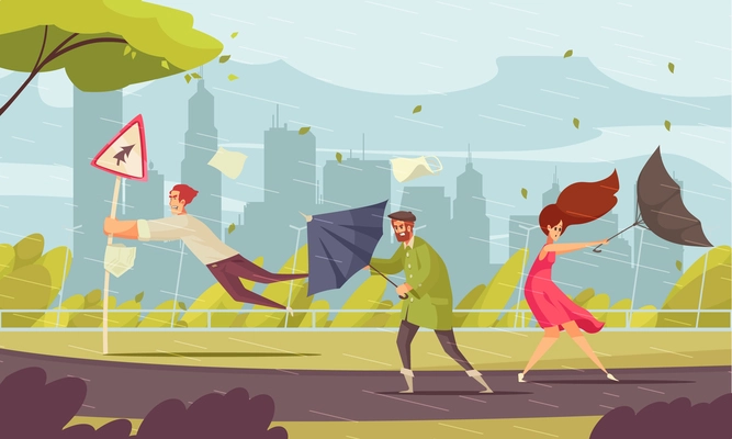 Bad weather in city funny flat composition with people blown off their feet by storm vector illustration