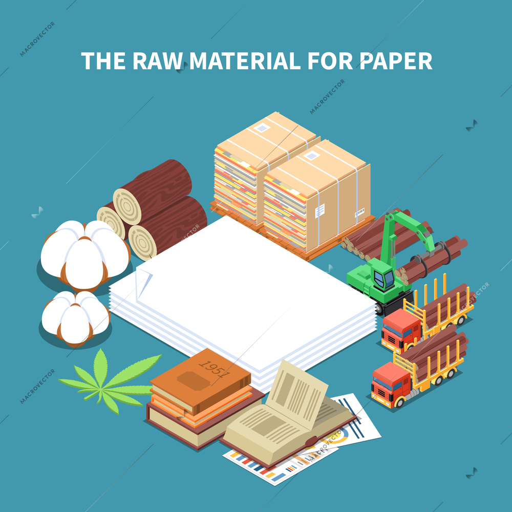 Paper production isometric background with raw wood materials and machinery for timber harvesting vector Illustration