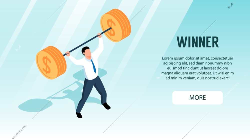 Winner isometric horizontal banner with businessman holding heavy barbell 3d vector illustration