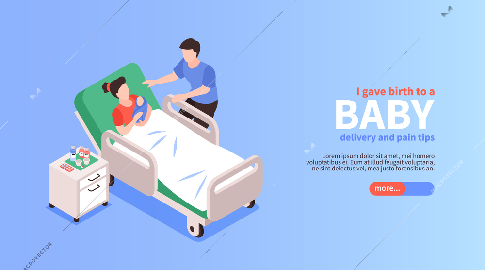 Childbirth isometric horizontal banner with young father near his woman who gave birth to their baby vector illustration