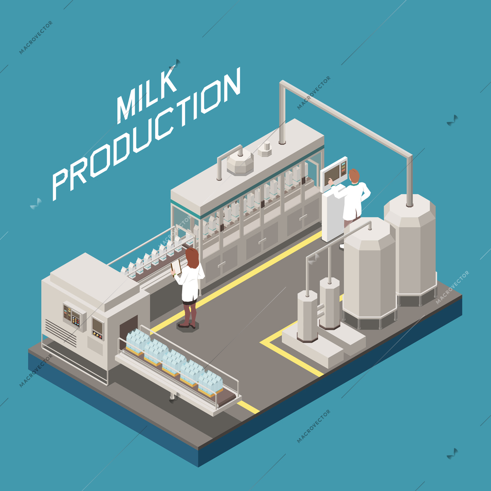 Milk factory concept with new technology symbols isometric vector illustration