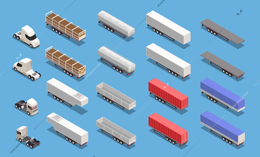 Isometric icons set with colorful cargo trailers and trucks isolated on blue background 3d vector illustration