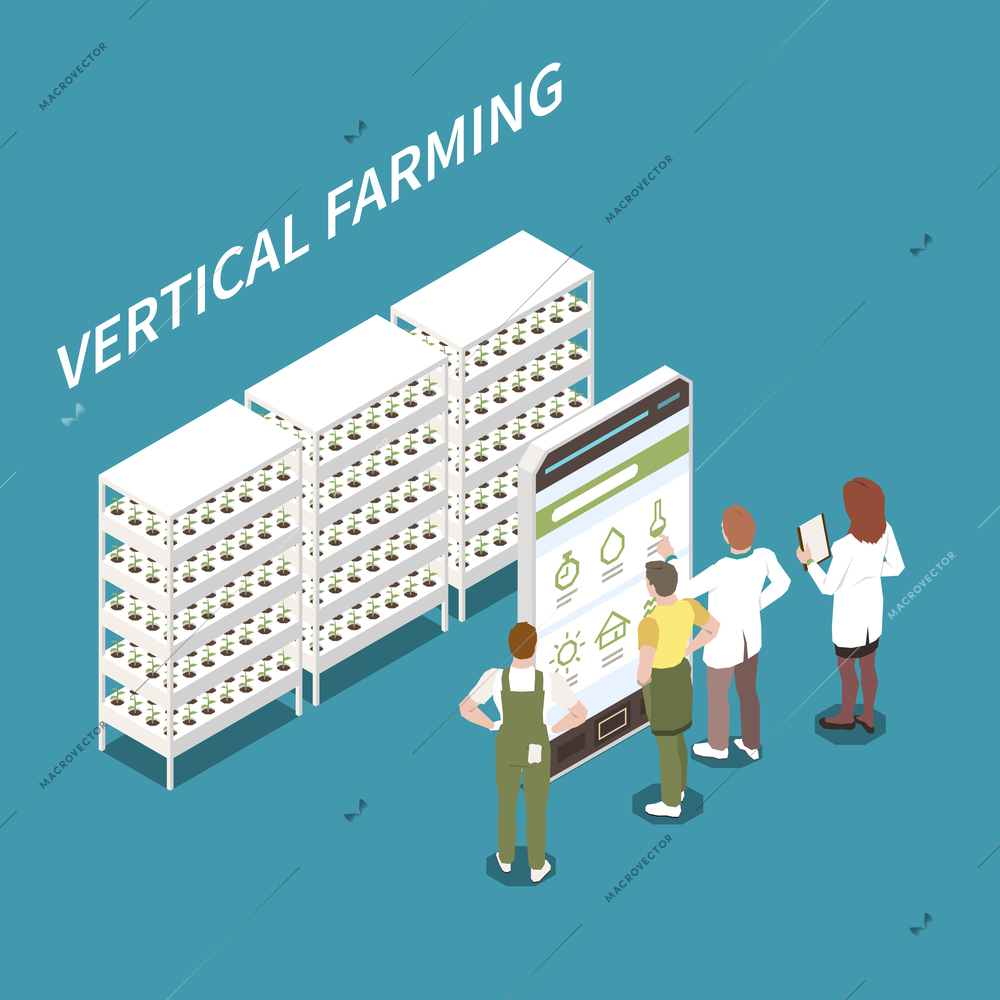 Vertical farming  isometric concept with smart technology symbols vector illustration