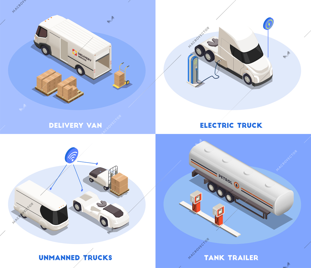 Transportation 2x2 isometric design concept with delivery van and cargo transport 3d isolated vector illustration