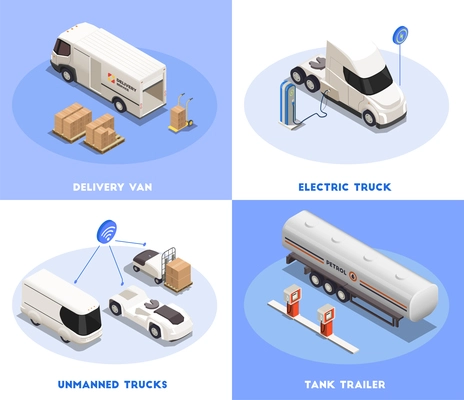 Transportation 2x2 isometric design concept with delivery van and cargo transport 3d isolated vector illustration