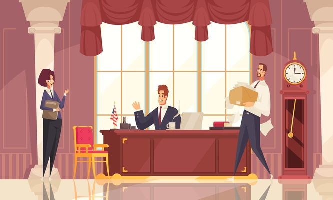 President in executive office at desk with secretary and chief of staff flat composition workplace interior vector illustration