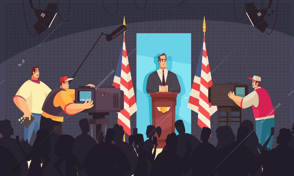 President speaking at the podium in front of people camera operators flat composition dark background vector illustration