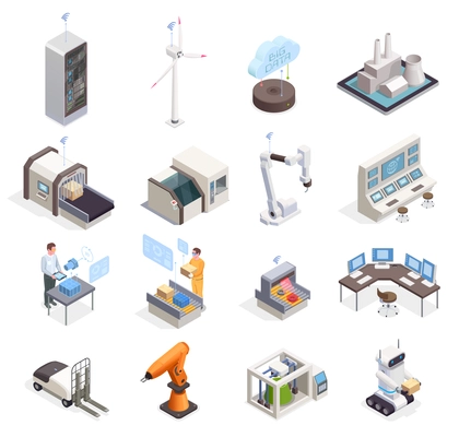 Smart industry isometric set with various automated facilities icons isolated on white background 3d vector illustration