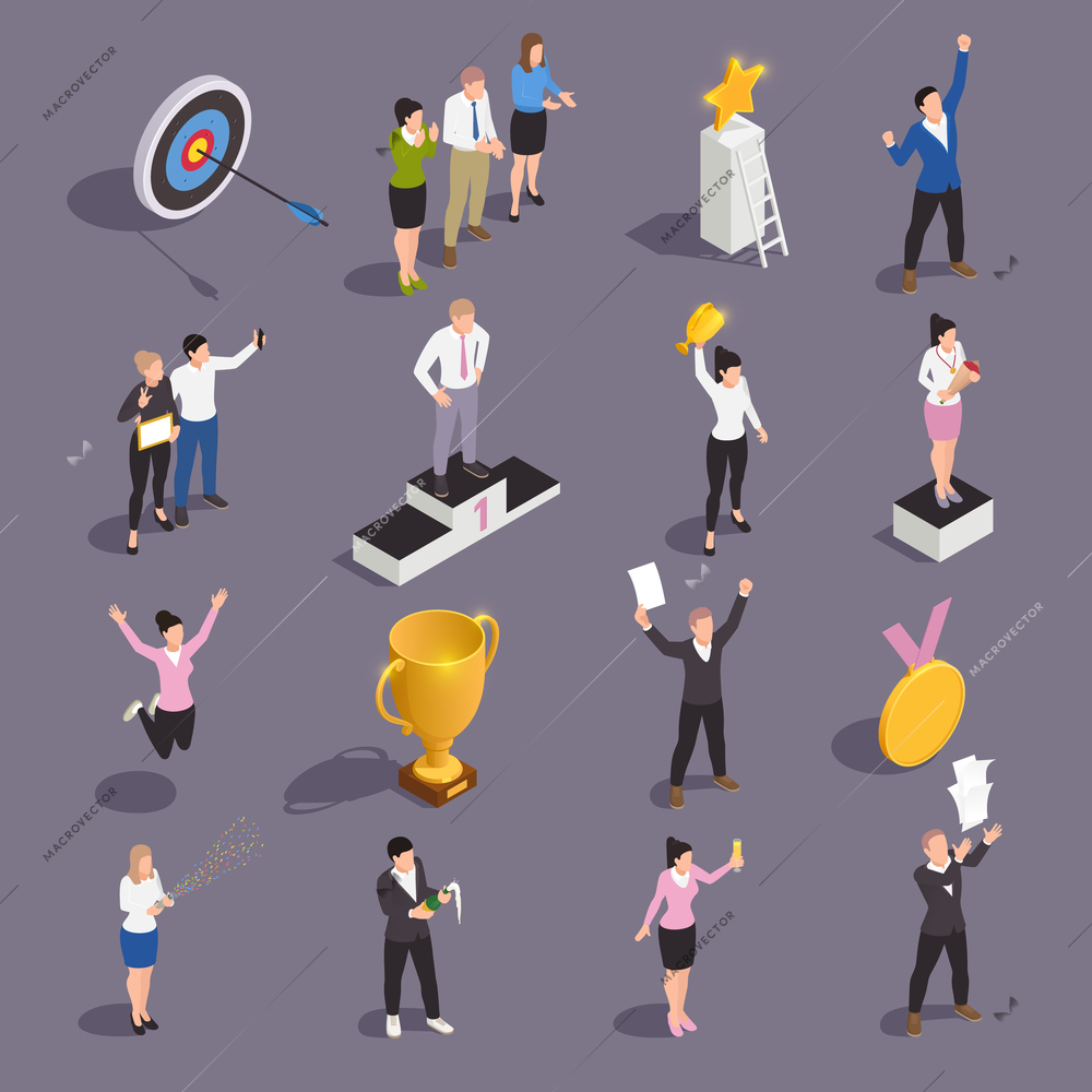 Winner isometric concept icon set with men and women compete and win abstract symbols vector illustration