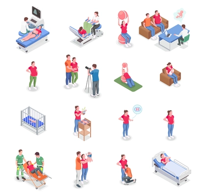 Pregnancy and birth isometric icons set with pregnant women and parents in different situation isolated on white background 3d vector illustration