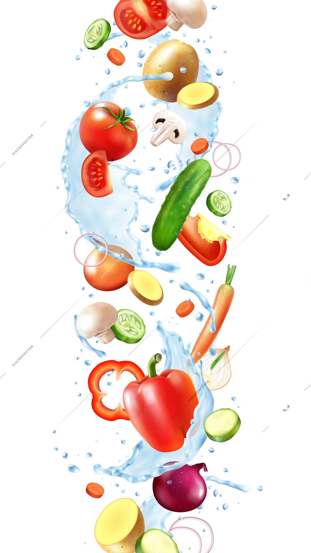 Realistic water splash composition of falling vegetables with slices and pure water drops on blank background vector illustration