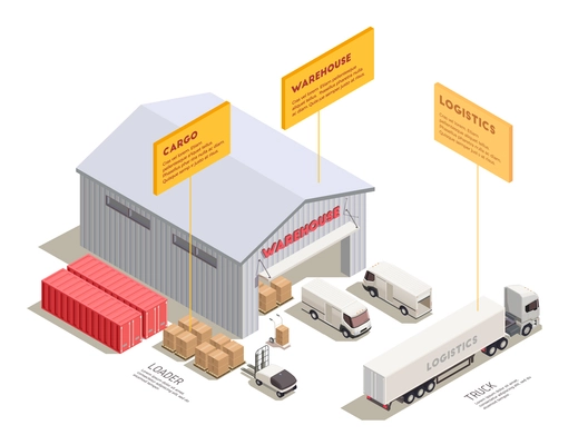 Isometric composition with delivery trucks trainer and containers near warehouse entrance 3d vector illustration