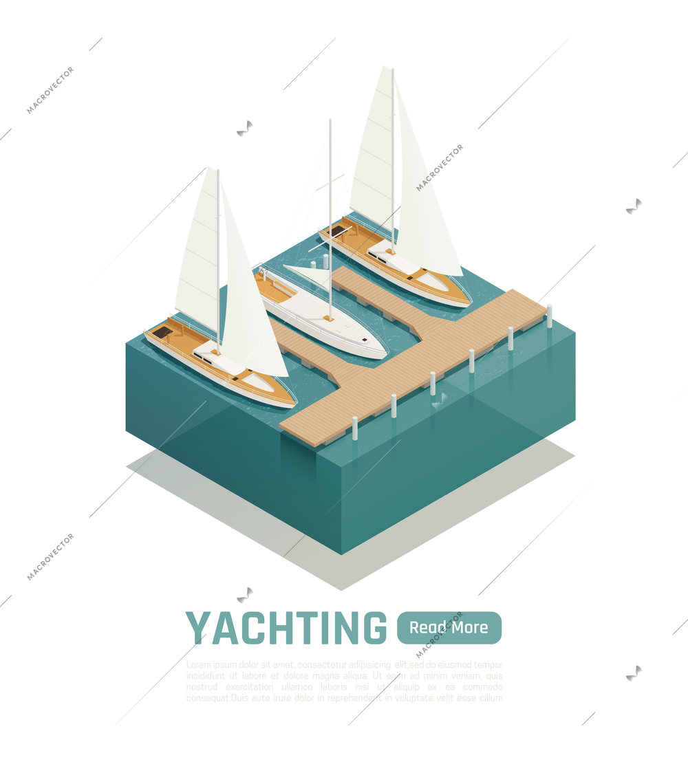 Yachting isometric composition with green read more button and square piece of land and boat vector illustration