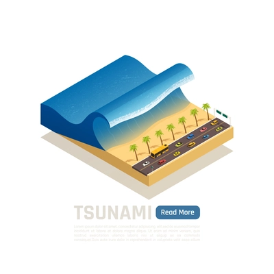 Natural disaster isometric composition with piece of earth and tsunami on the beach vector illustration