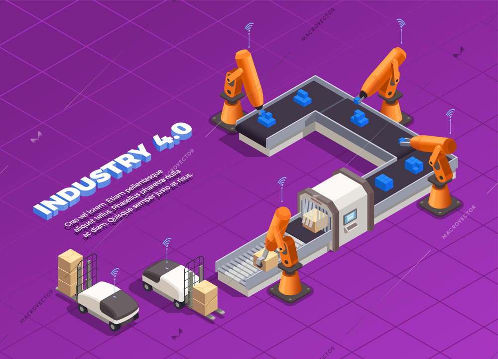 Smart industry isometric concept with automated forklifts and machinery packing and moving goods 3d vector illustration