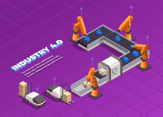 Smart industry isometric concept with automated forklifts and machinery packing and moving goods 3d vector illustration