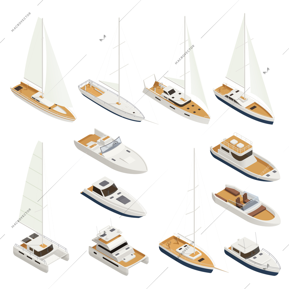 Yachting isometric and colored icon set with different types and sizes of boats vector illustration