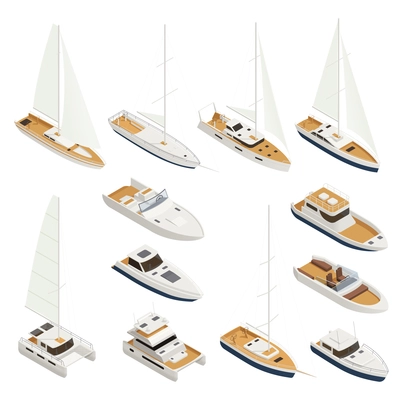 Yachting isometric and colored icon set with different types and sizes of boats vector illustration