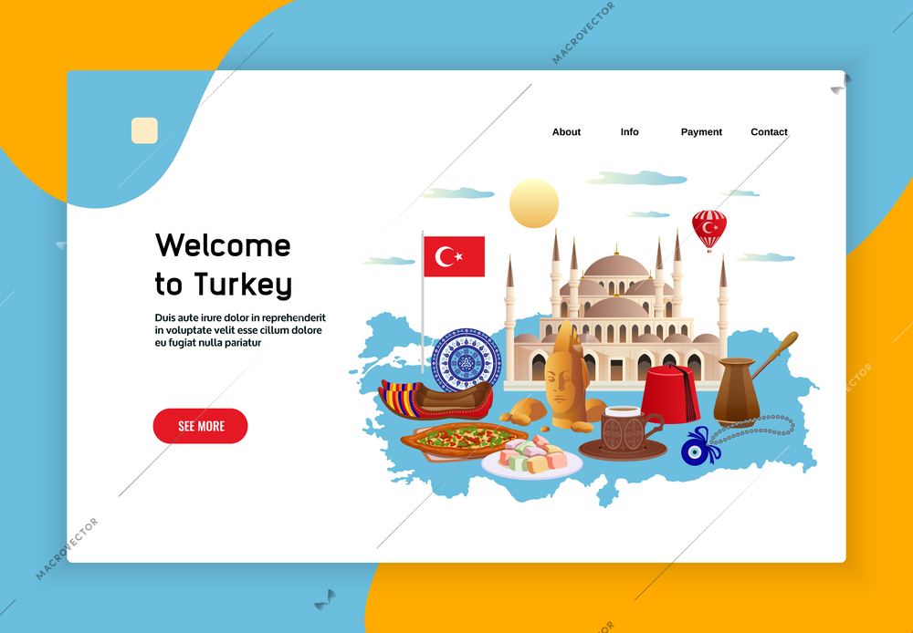 Turkey tourism page design with payment and contact symbols flat vector illustration