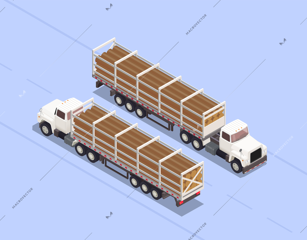 Two trailers loaded with logs of wood isolated on blue background 3d isometric vector illustration