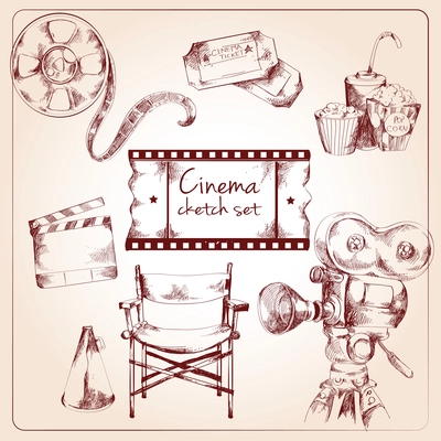 Cinema entertainment media sketch elements of tickets camera popcorn vector illustration