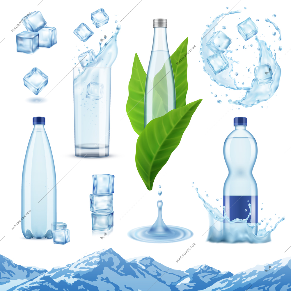 Realistic mineral water set with isolated images of ice cubes plastic and glass bottles with leaves vector illustration