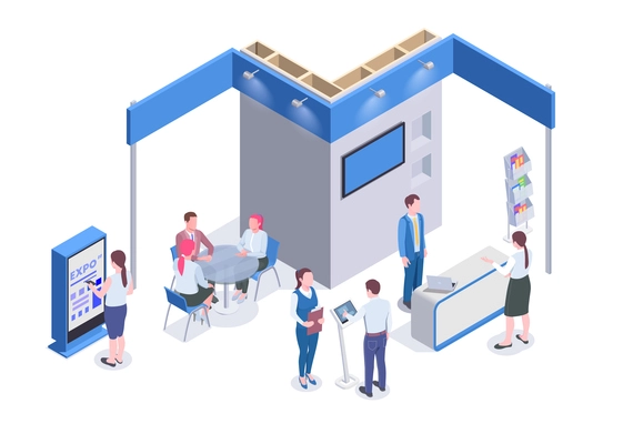 People looking at expo stands and communicating with stuff on exhibition 3d isometric vector illustration