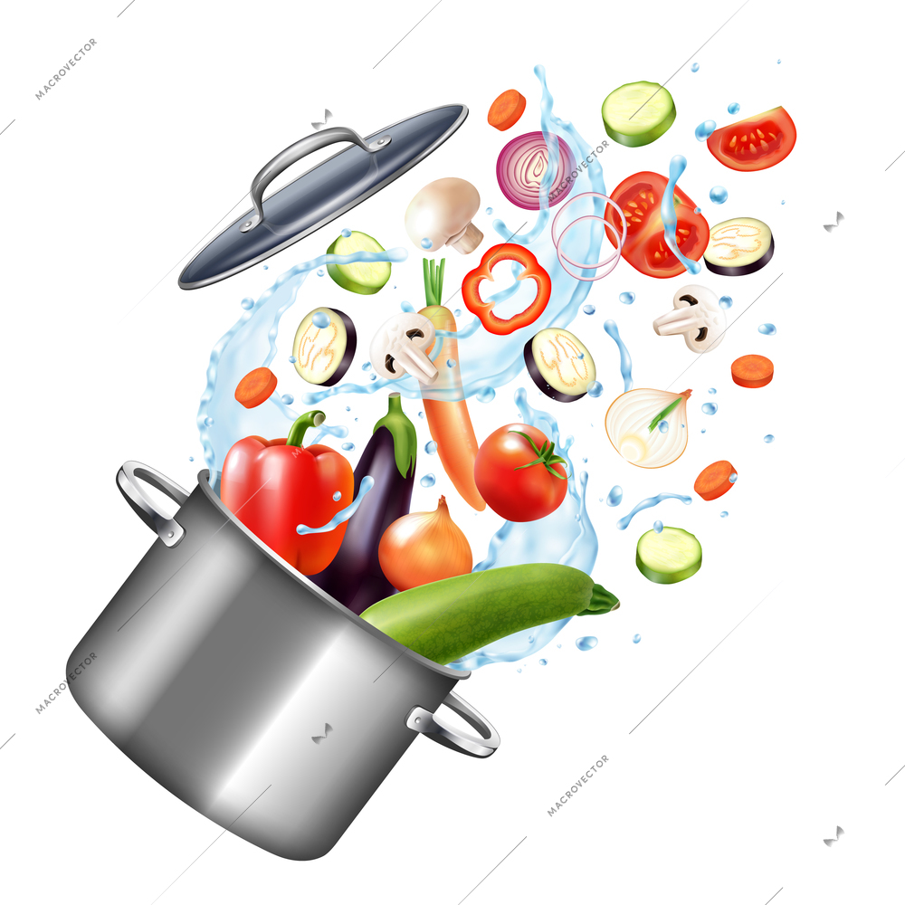 Realistic water splash pot composition with blank background and image of cooker with vegetables and drops vector illustration