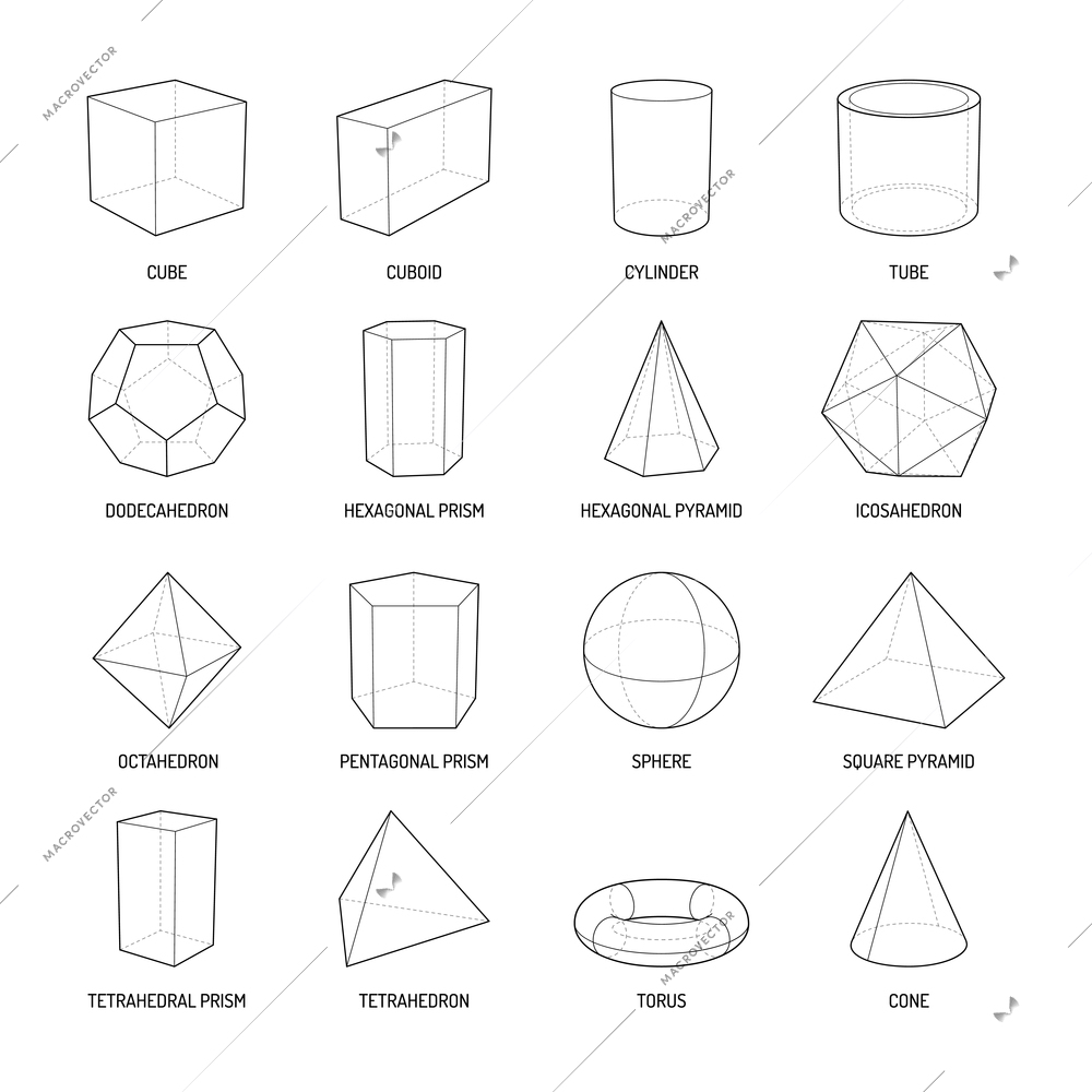 Basic stereometry shapes line set of cuboid octahedron pyramid prism cube cone cylinder torus isolated vector illustration