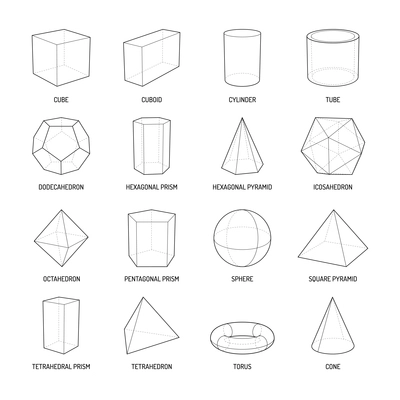 Basic stereometry shapes line set of cuboid octahedron pyramid prism cube cone cylinder torus isolated vector illustration